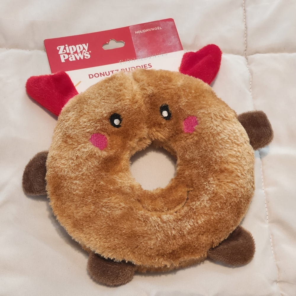 Zippy Paws Donutz Buddies Reindeer Squeaky Plush Puppy Dog Toy No Stuffing